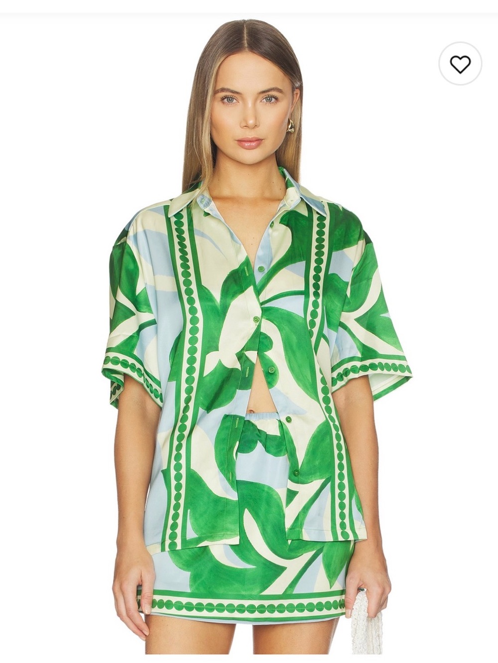 Green Leaf-Print Short Sleeve Button-Front Shirt